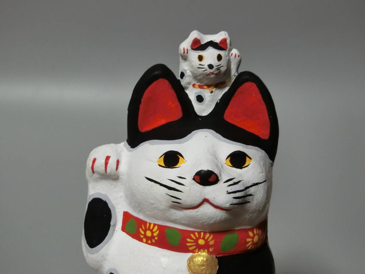 三河招き猫 郷土玩具 白黒親子猫 土人形 土鈴 昭和レトロ 縁起物 18cm