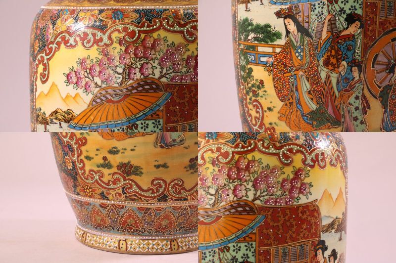 薩摩焼 大壺 武田信玄 風林火山 着物美人画 騎馬武将 金彩 色絵 飾り壺
