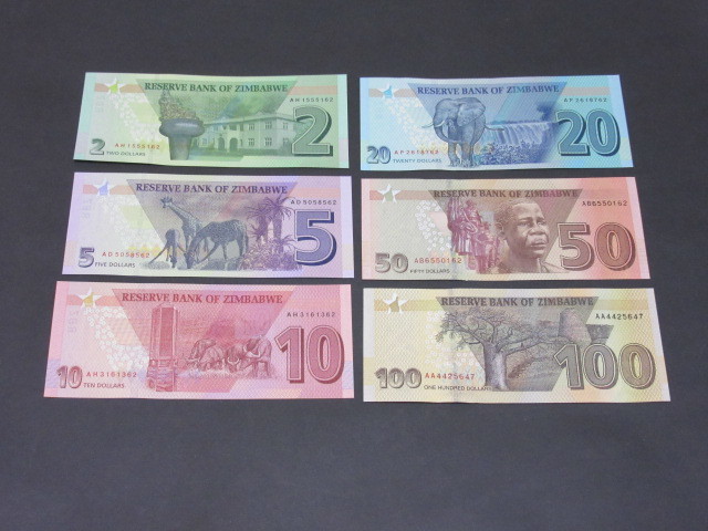 ジンバブエ☆2，5，10，20，50, 100 Dollars 復活したジンバブエドル