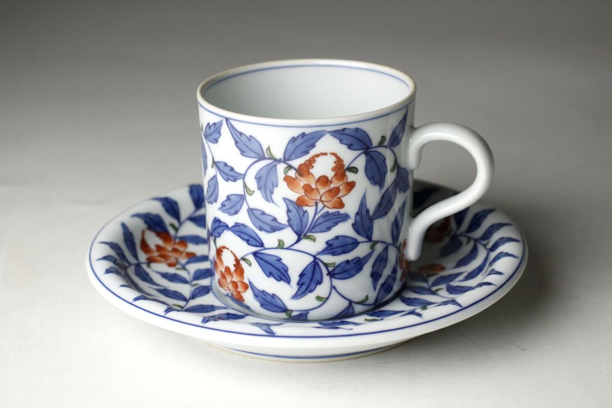 LIG】有田焼 源右衛門作 染錦 草花文小碗皿 六客揃 カップ ソーサー