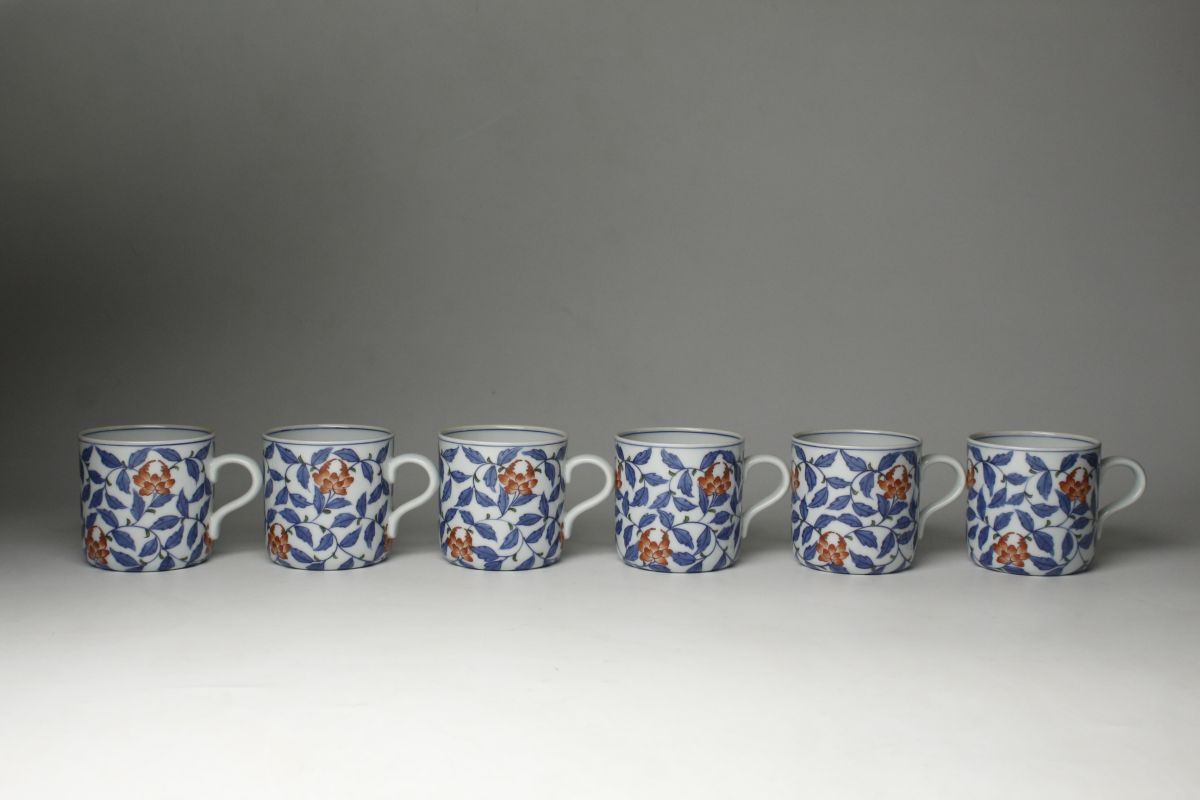 LIG】有田焼 源右衛門作 染錦 草花文小碗皿 六客揃 カップ ソーサー