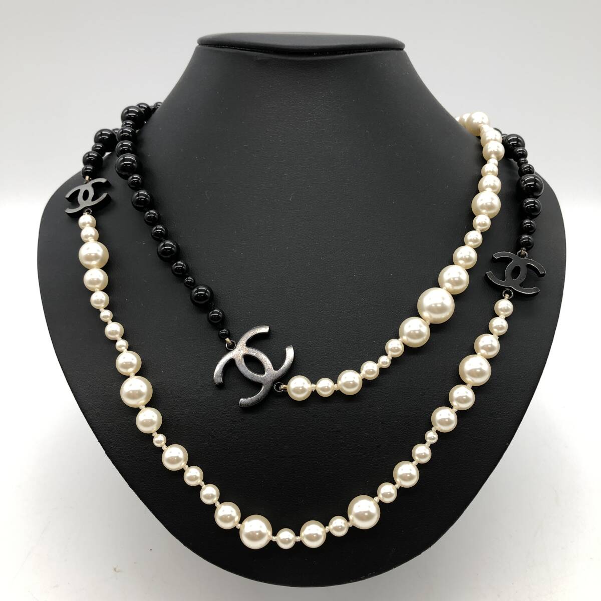 美品】CHANEL B14B ロング ネックレス フェイクパール メタリック ココ