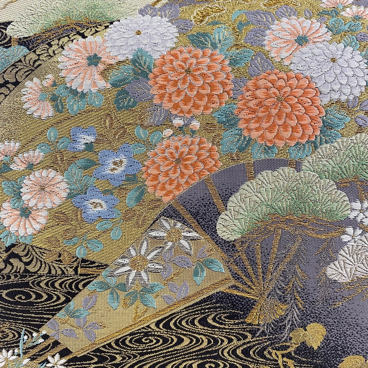 袋帯 美品 秀品 扇 流水 金糸 箔 黒灰 六通 正絹 【中古】 袋帯
