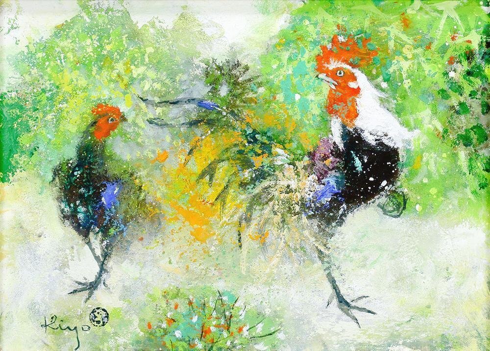 清原啓一、【花園の遊鶏】、希少な画集画、新品高級額 額装付、状態良好 真作】【WISH】清原啓一「緑庭遊鶏」油彩 4号 ◇鳥図名画 〇日本芸術院