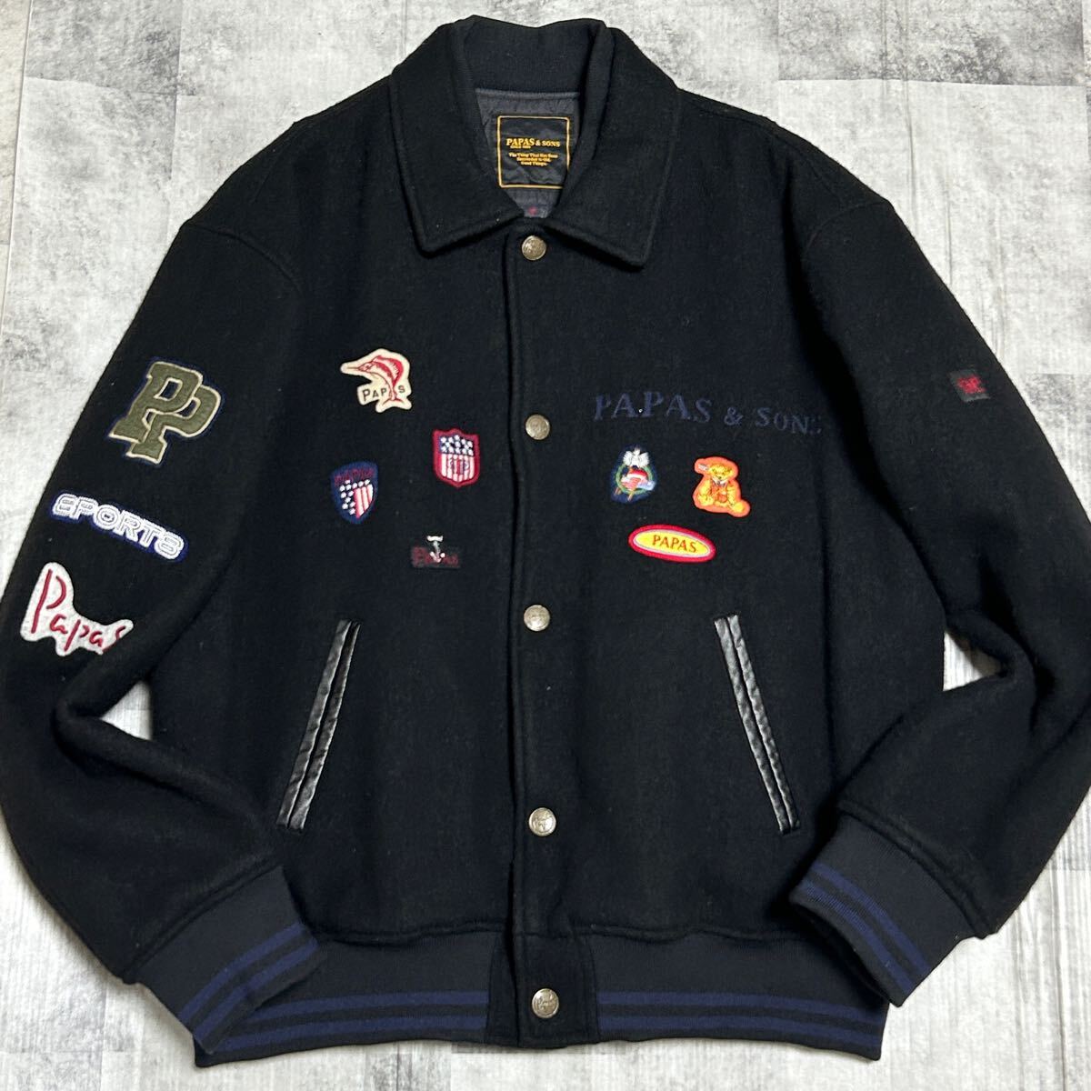 PAPAS & SONS スタジャン ブルゾン　 ワッペンカスタムブラック 極美品☆ パパス PAPAS & SONS スタジャン【極上カシミヤ/ワッペン多数