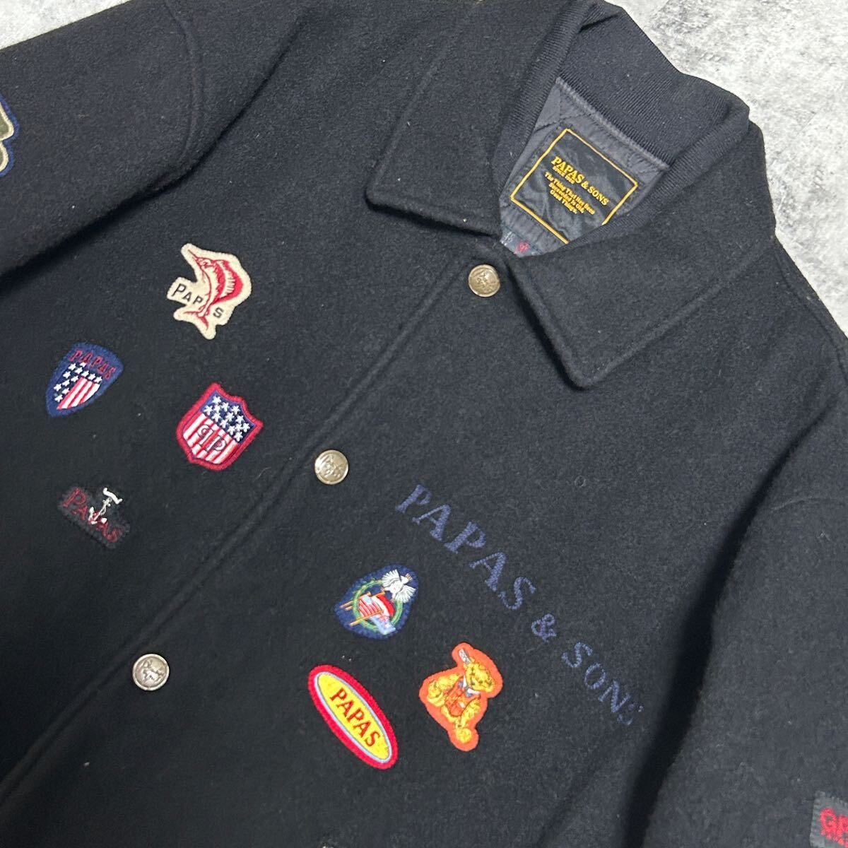 PAPAS & SONS スタジャン ブルゾン　 ワッペンカスタムブラック 極美品☆ パパス PAPAS & SONS スタジャン【極上カシミヤ/ワッペン多数