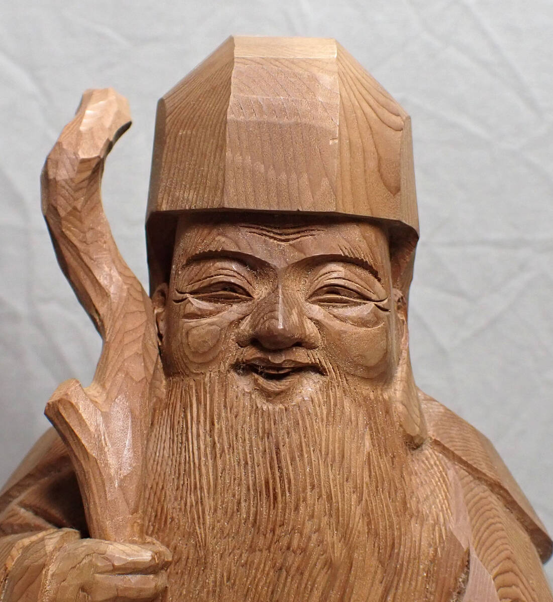 時代【木彫 飛騨高山 一位一刀彫 中村亮芳 在銘 寿老人 桐箱付き