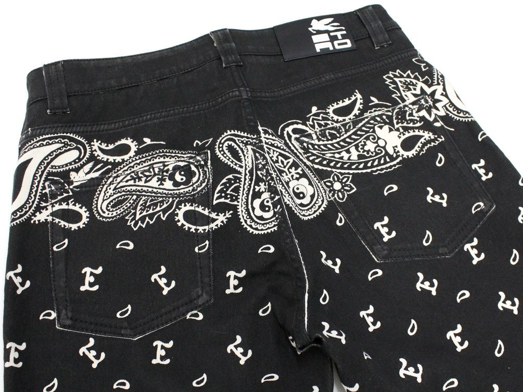 23万新品◆32◆エトロ◆ペイズリーバンダナモチーフ ETRO CUBEロゴパッチ ストレッチデニムジーンズパンツ 黒白【ETRO】1円