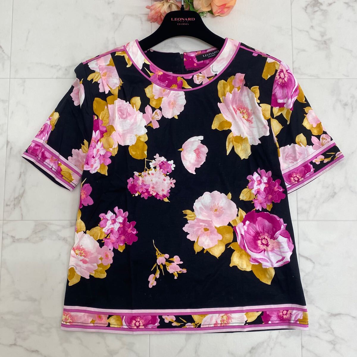 (美品) レオナール 花柄 チュニック トリム 半袖 カットソー 美品】LEONARD レオナール トップス カットソー チュニック 花柄 総柄