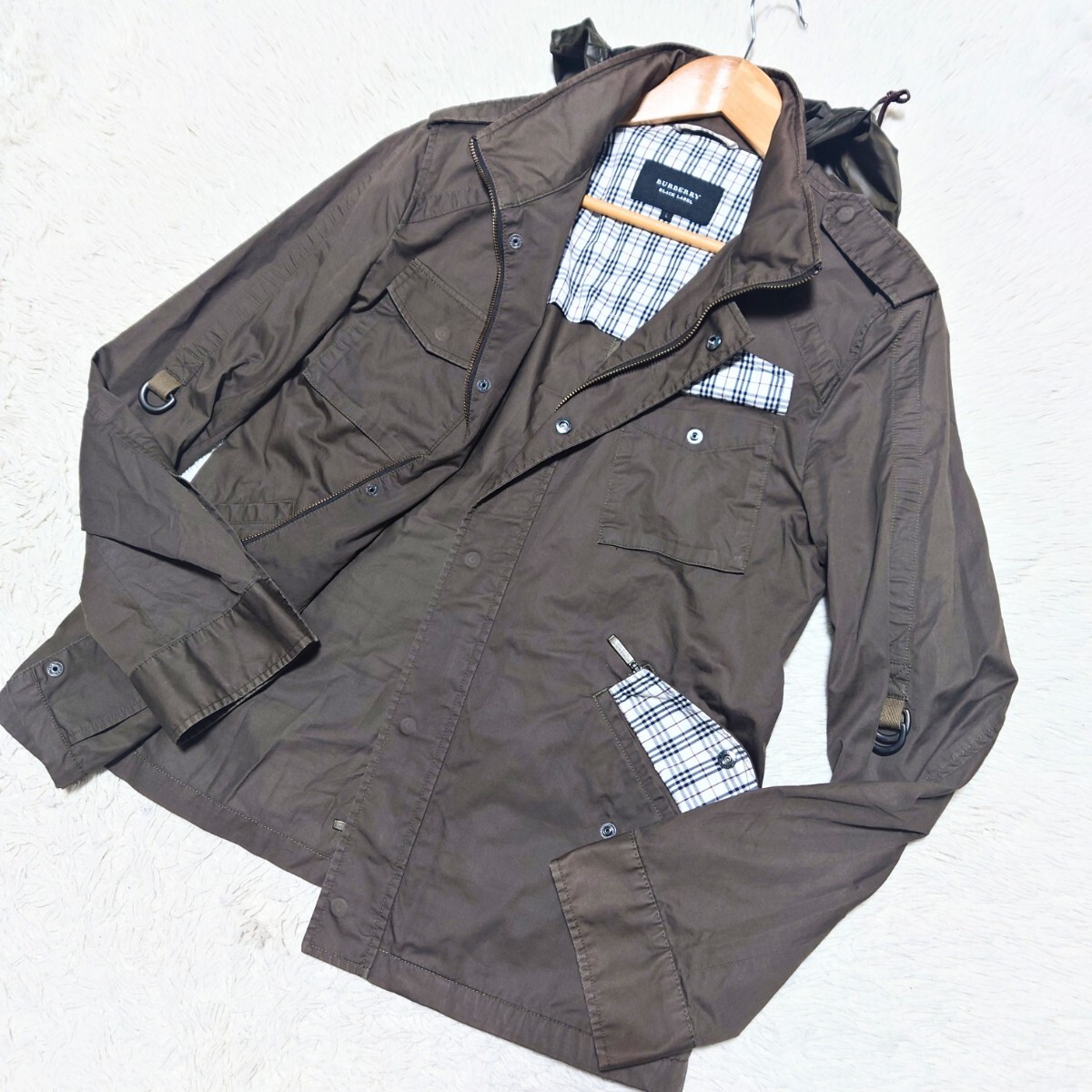 バーバリーブラックレーベル ミリタリージャケット ノバチェック 黒 M バーバリーブラックレーベル BURBERRY ノバチェック ミリタリー
