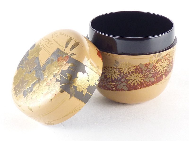 扇屋】荒井正春 白漆 花筏蒔絵 棗 共箱 高さ 約6.5cm 幅 約6.5cm 木製