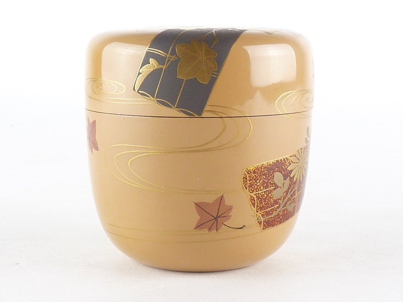 扇屋】荒井正春 白漆 花筏蒔絵 棗 共箱 高さ 約6.5cm 幅 約6.5cm 木製