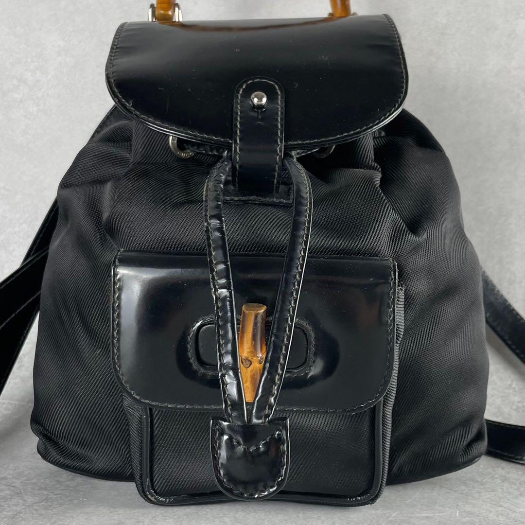 GUCCI リュック バンブー ターンロック レザー ネイビー 巾着型