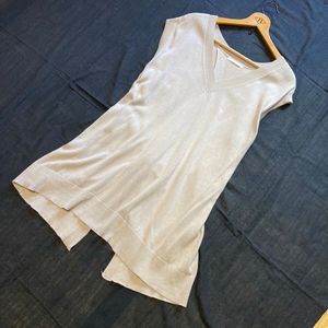 レトロガール Vネック ニットロングジレ M～L相当 ベージュ系 バックコンシャス リボン付