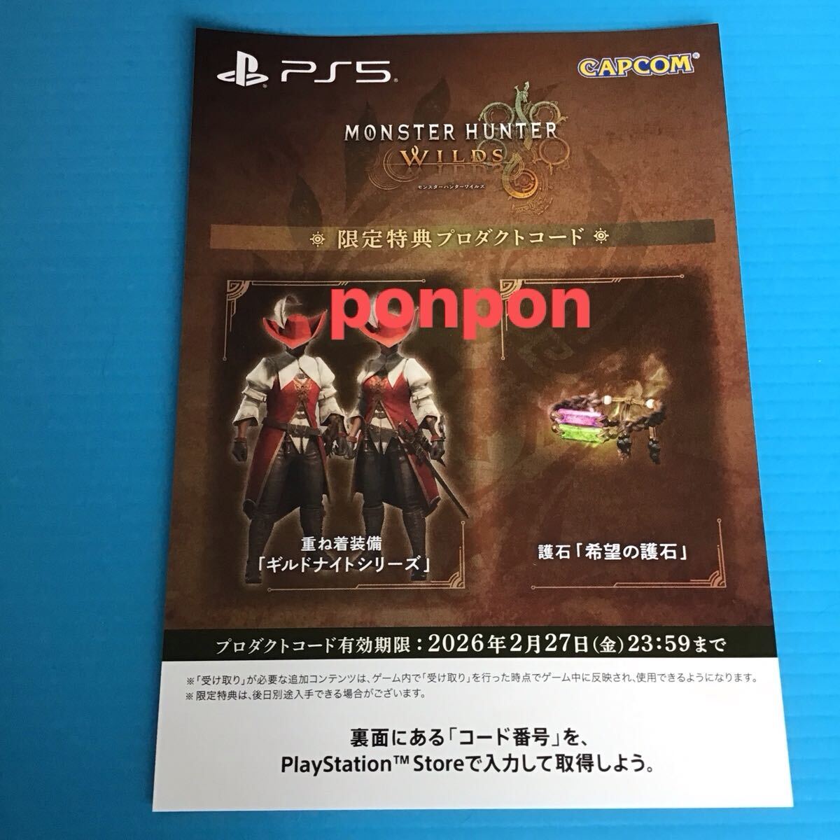 PS5「 モンスターハンターワイルズ 」特典 「 装備 ギルドナイト&希望の護石 プロダクトコード 」ソフトなし 特典コードのみ / モンハン_1