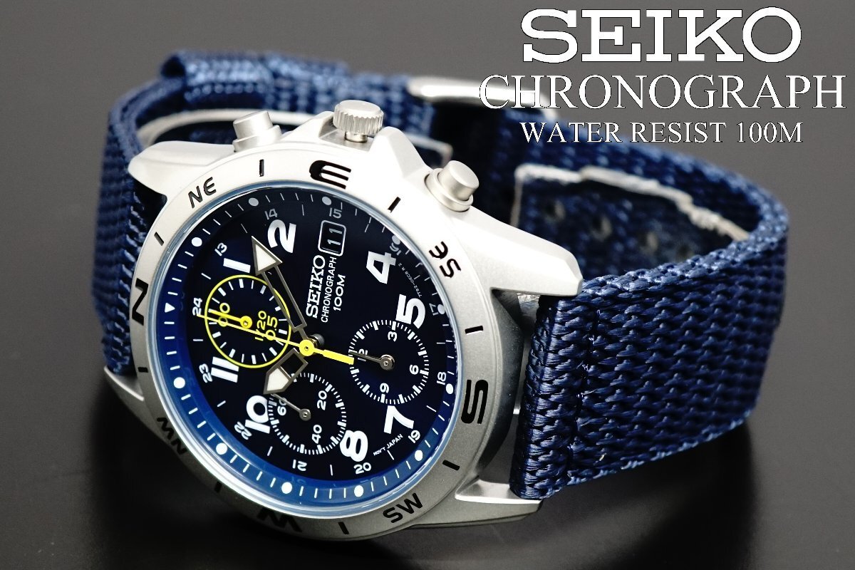 1円～ 1スタ セイコー 正規品 海外モデル SEIKO クロノグラフ 逆輸入 ミリタリー ブルー 新品 100m防水 腕時計 メンズ激レア入手困難_4