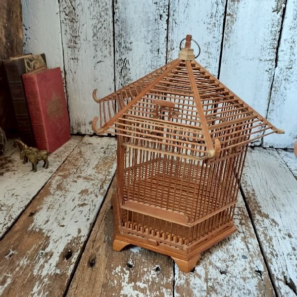 竹細工 鳥籠 鳥かご バードケージ 小振 小型 愛玩鳥 飼育 古道具 古民