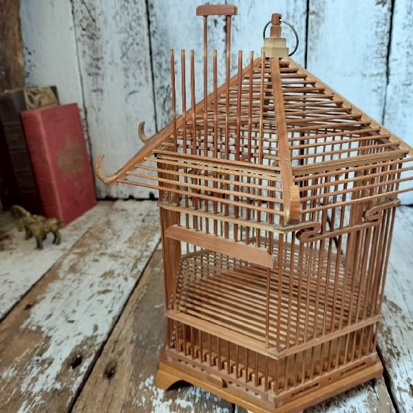竹細工 鳥籠 鳥かご バードケージ 小振 小型 愛玩鳥 飼育 古道具 古民