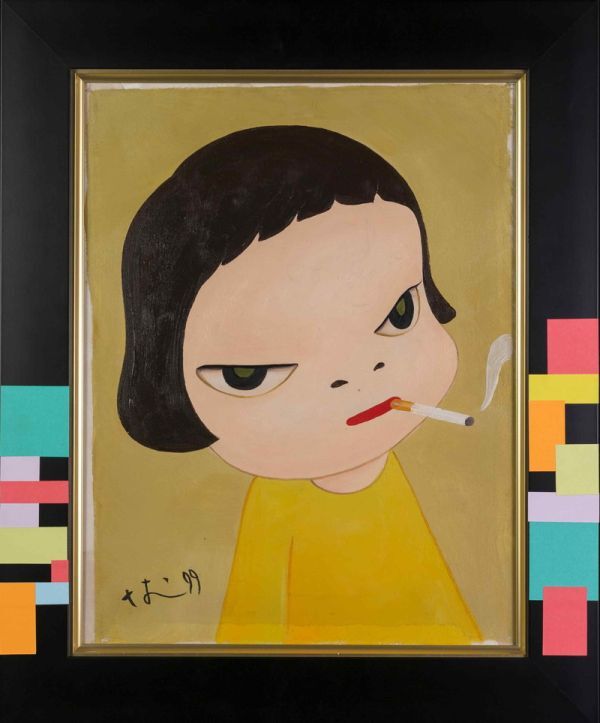 絵画 油彩 人物 奈良美智「人物」 サイン 額装済み 肉筆手描き F6 模写》奈良美智 手描き 油彩画《タバコをふかした女の子》表サイン 裏
