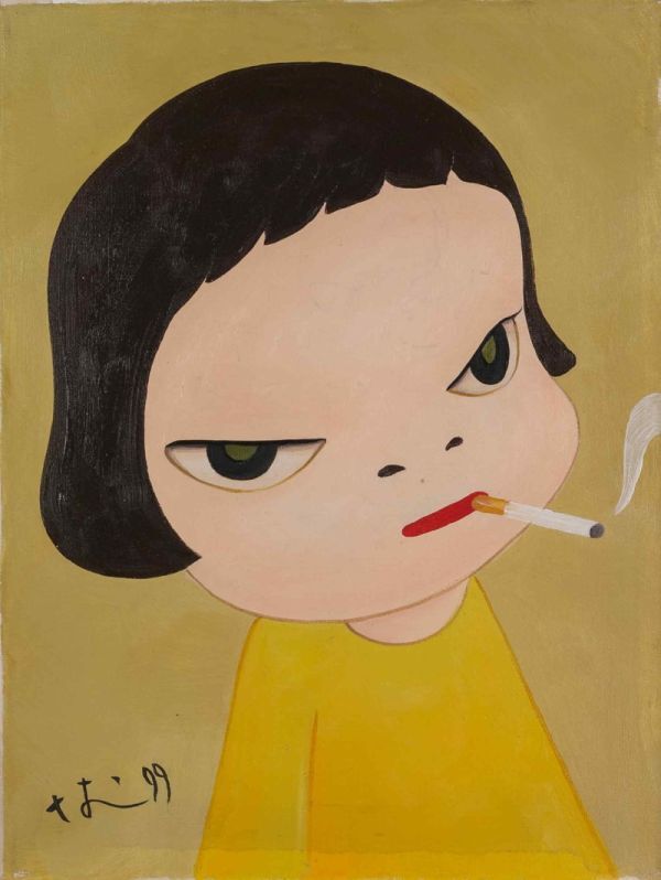 模写》奈良美智 手描き 油彩画《タバコをふかした女の子》表サイン 裏