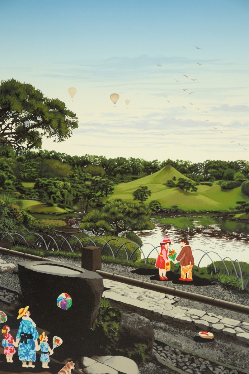 真作 ヒロ・ヤマガタ シルクスクリーン「水前寺公園」画寸26.5×33cm