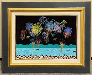 F6号】山下清【長岡の花火】手描き/表裏サイン・共シール有り/油彩