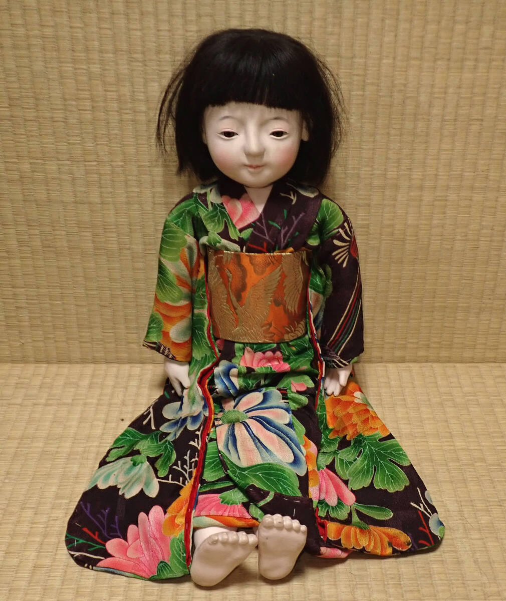 時代【古い市松人形 おかっぱ 女の子 高さ63cm C】童女 縮緬 抱き人形