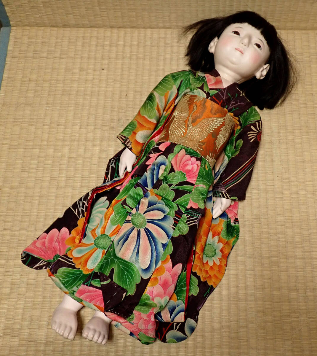 時代【古い市松人形 おかっぱ 女の子 高さ63cm C】童女 縮緬 抱き人形