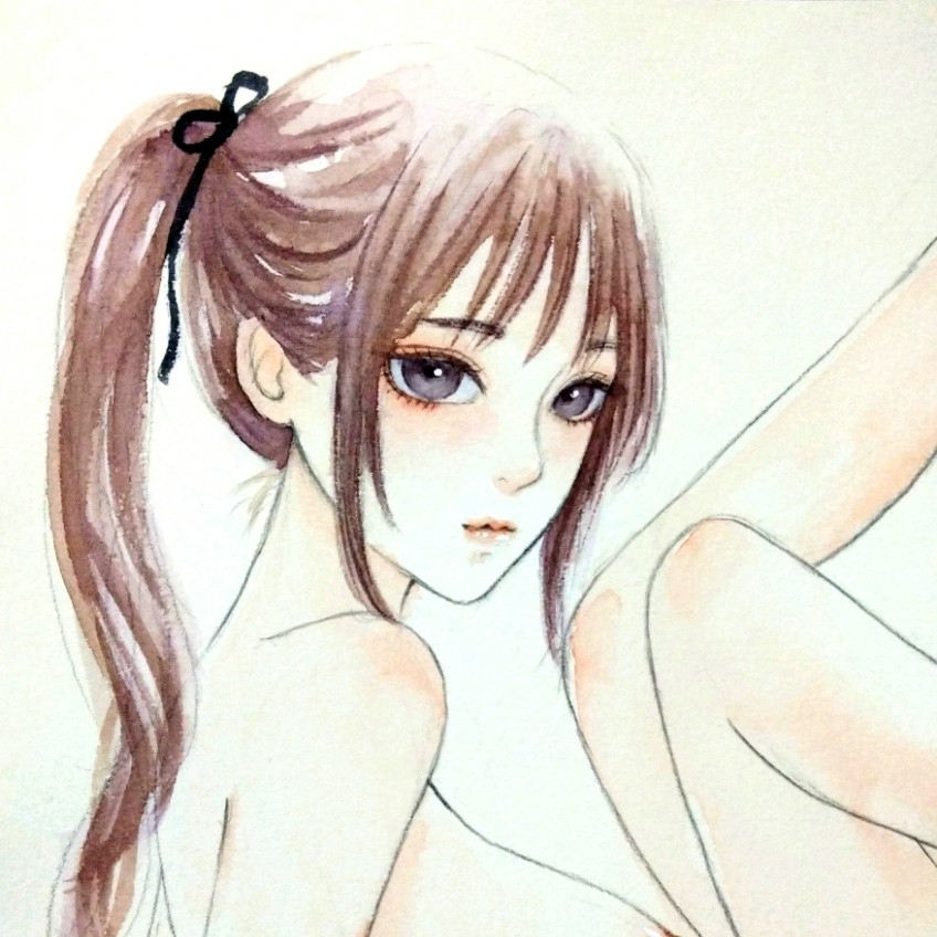 2386/B 肉筆原画　美人とモンステラ　水彩絵具　手描きイラスト　裸婦画 肉筆原画 手描きイラスト 絵画 ヌード 裸婦画 美人画 オリジナル