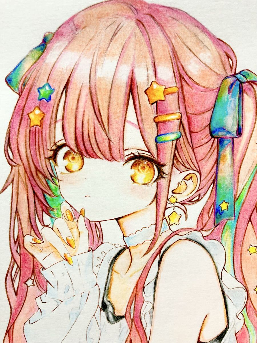 手描きイラスト ツインテール ピンク髪 色鉛筆画 A4 かわいい 女の子