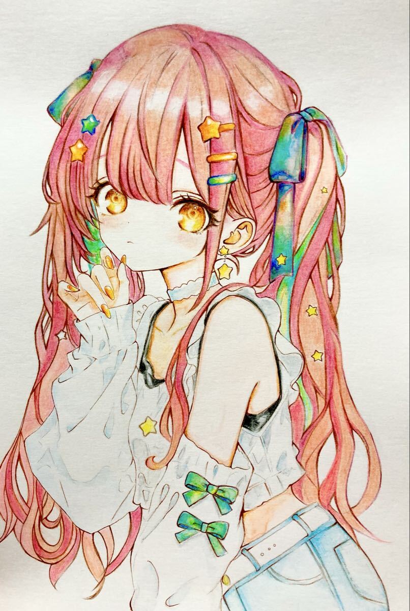 手描きイラスト ツインテール ピンク髪 色鉛筆画 A4 かわいい 女の子