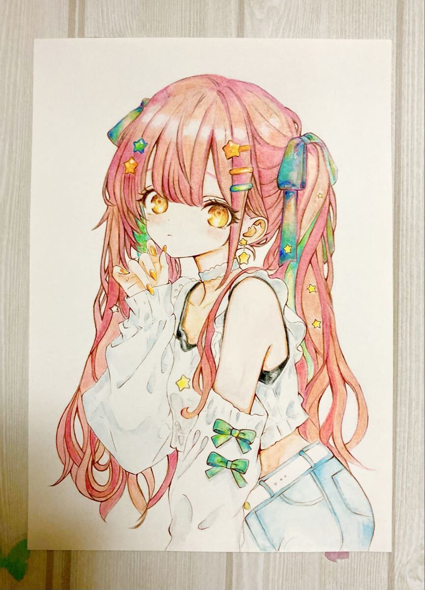 手描きイラスト ツインテール ピンク髪 色鉛筆画 A4 かわいい 女の子