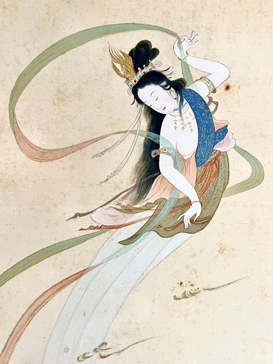 真作】【仙】池田龍甫「不二に羽衣」絹本 肉筆 共箱 金泥 天女 美人画