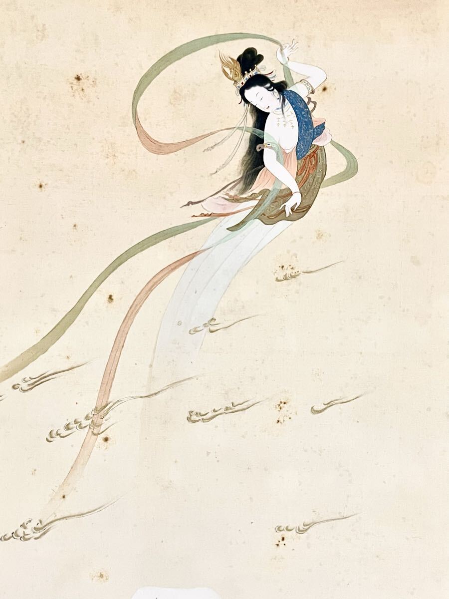 真作】【仙】池田龍甫「不二に羽衣」絹本 肉筆 共箱 金泥 天女 美人画