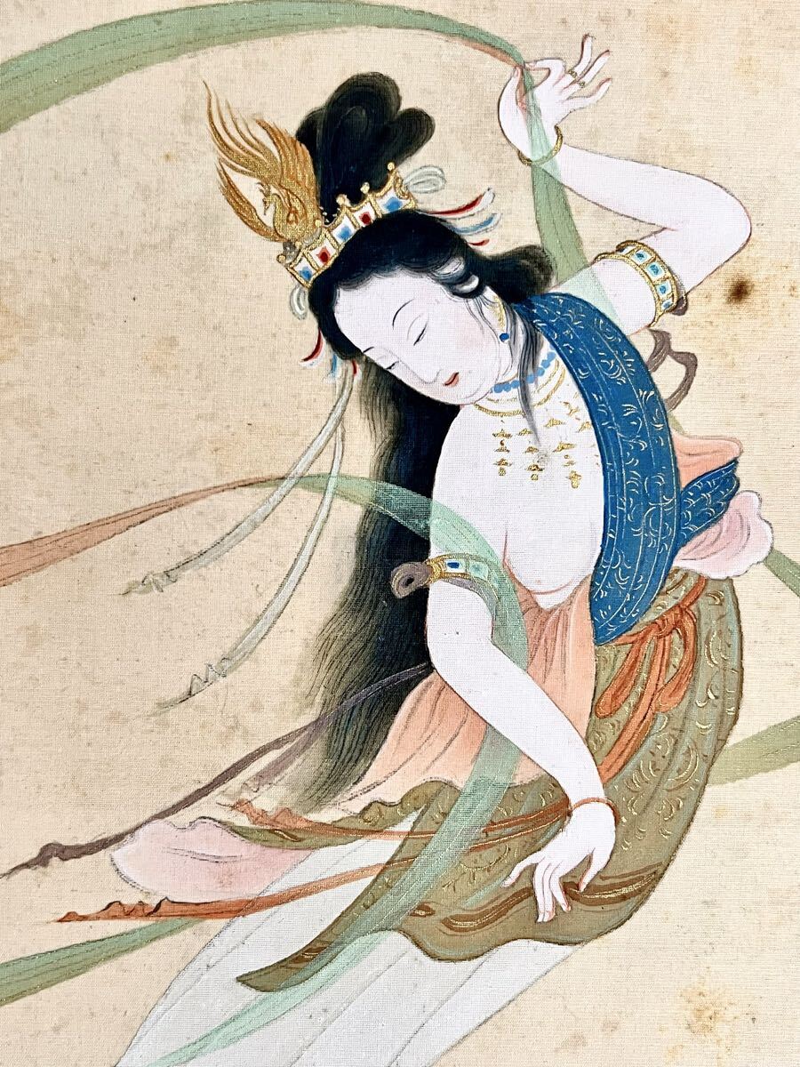 真作】【仙】池田龍甫「不二に羽衣」絹本 肉筆 共箱 金泥 天女 美人画