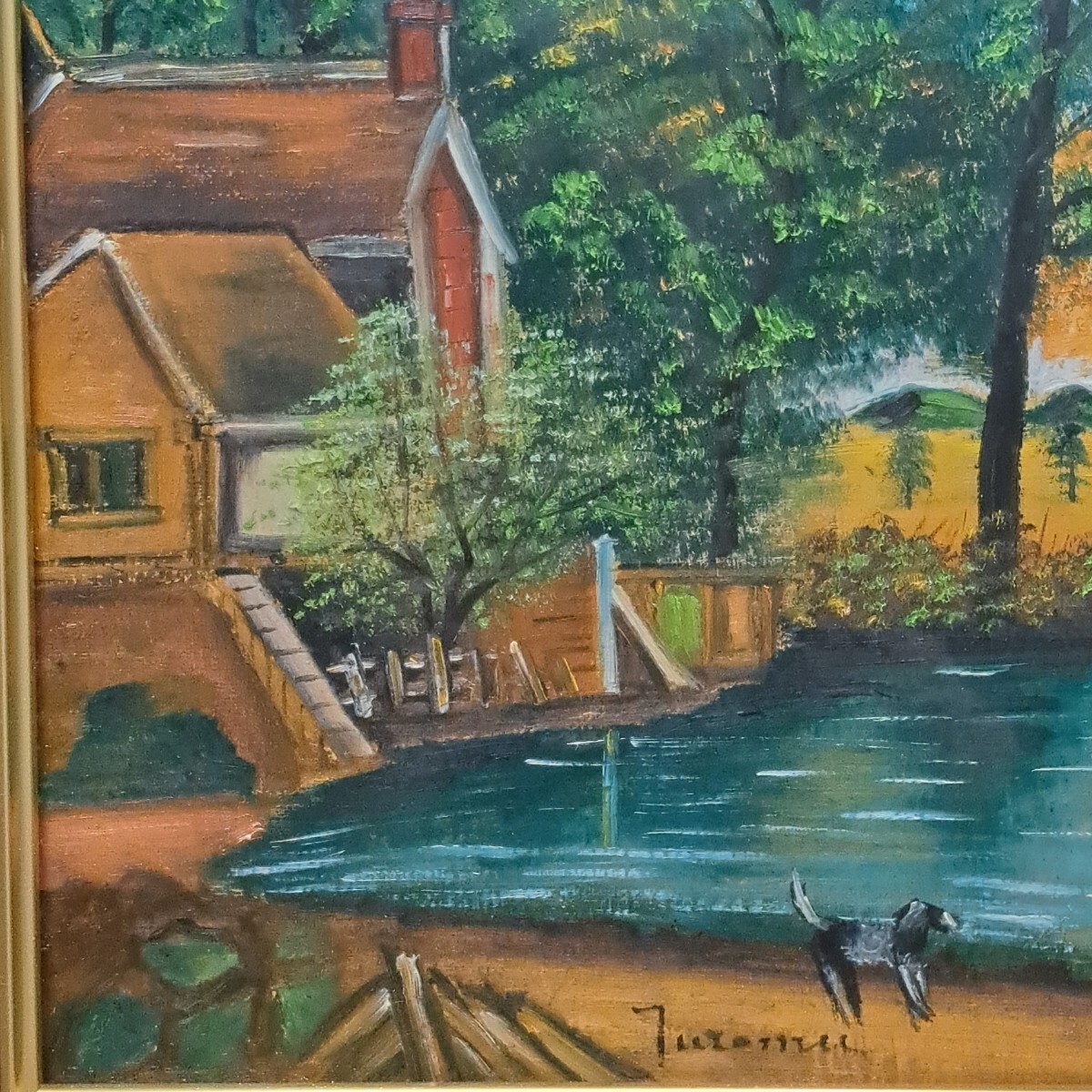 真作】藤井勉 湖畔風景 F6 油彩 額装 肉筆 パリ留学資料付 風景画 油絵