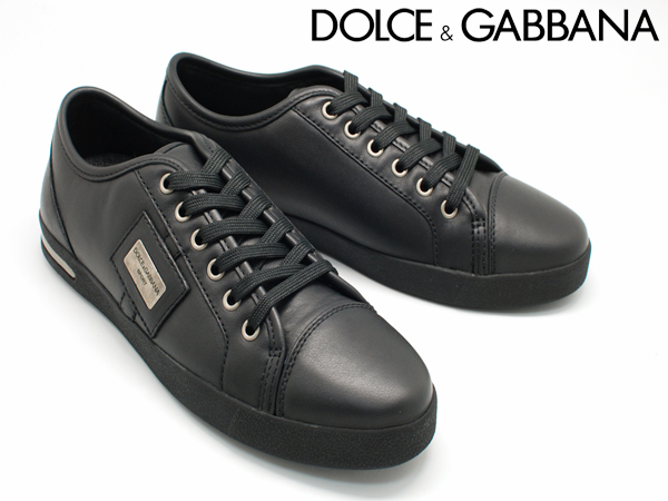 DOLCE&GABBANA オールレザー スニーカー ブラック ロゴプレート 黒