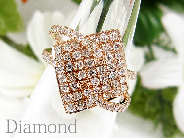 【銀トレ】1円～/計1.36ct天然ダイヤ/K18PG/菱形/デザインリング