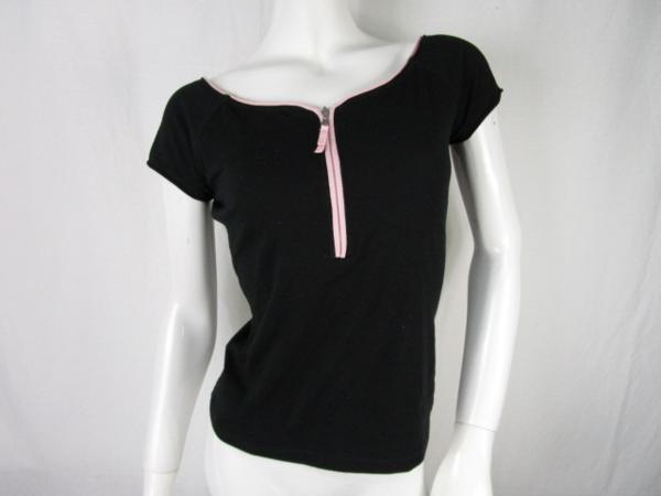 中古フォクシーFOXEYNY半袖ジップ付Tシャツトップス黒ピンク38