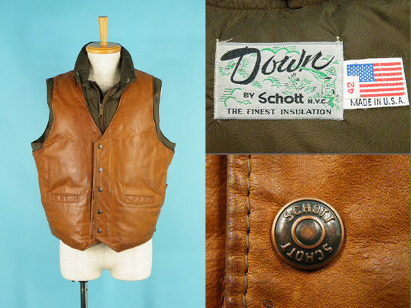 80's Schott ショット レザー切替 ダウンベスト size 42 #0477