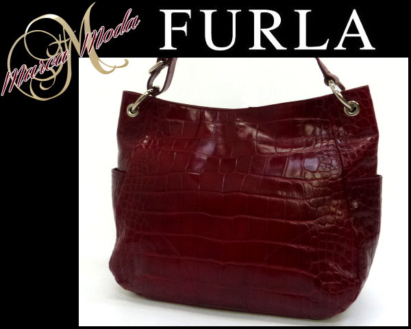 美品 FURLA フルラ クロコ型押しレザー ショルダーバッグ MH585