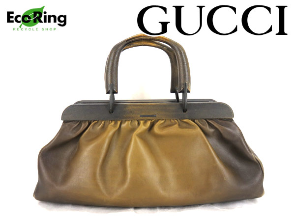 1円 グッチ 105337 レザー×ウッド ハンドバッグ ブラウン DQ823