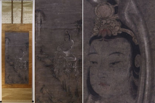 2725. 江戸時代 白衣観音図 紙本墨画着彩 漆塗軸先 肉筆