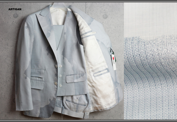 新品アルチザン ジャポニカ新作西陣織スリーピーススーツM青20万