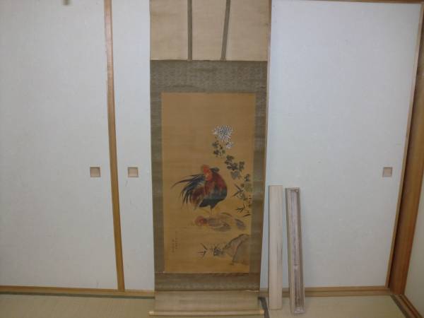 真作　 掛軸　森寛斎　トテモレトロ感のある鶏親子之圖　肉筆　絹本木箱