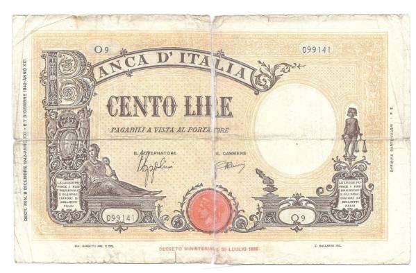 イタリアリラ紙幣 イタリア 1942年 100リラ紙幣 099141