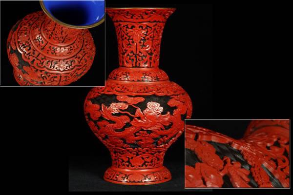 【飛】唐物 時代 堆朱 唐草雲龍図花瓶 琺瑯