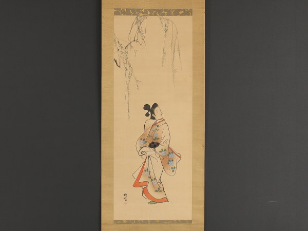 【伝来】r9299〈島崎柳塢〉柳下美人画 象牙軸 松本楓湖，川端玉章