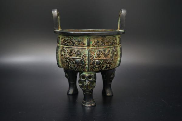 ☆NA☆青銅製 三足 円鼎/H17cm/銅器 香炉 四鼎 中国美術 金属工芸