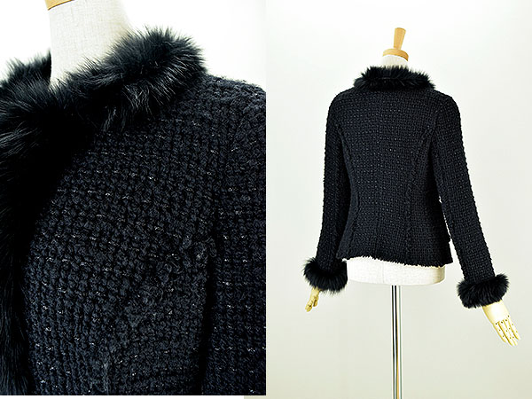 M4069□EPOCA□リアルファー付 ノーカラーツイードJKT□38 美品 セール 